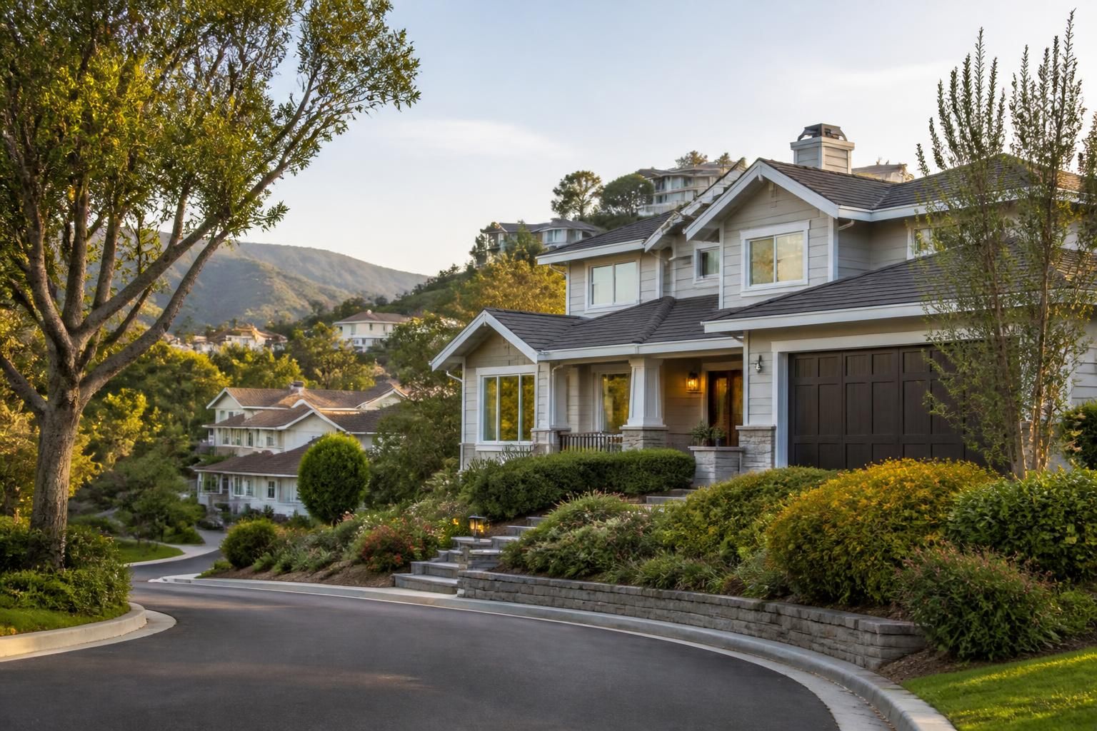 Well-kept hillside homes surrounded by lush greenery.