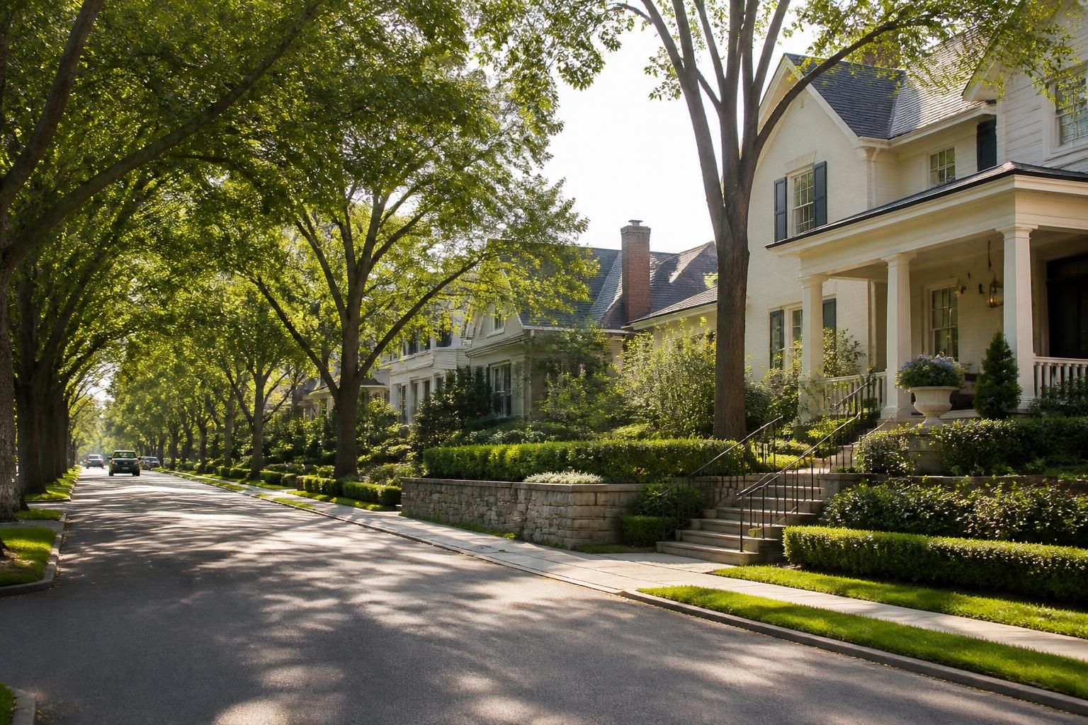 Tree-lined neighborhood with elegant homes in soft natural light.