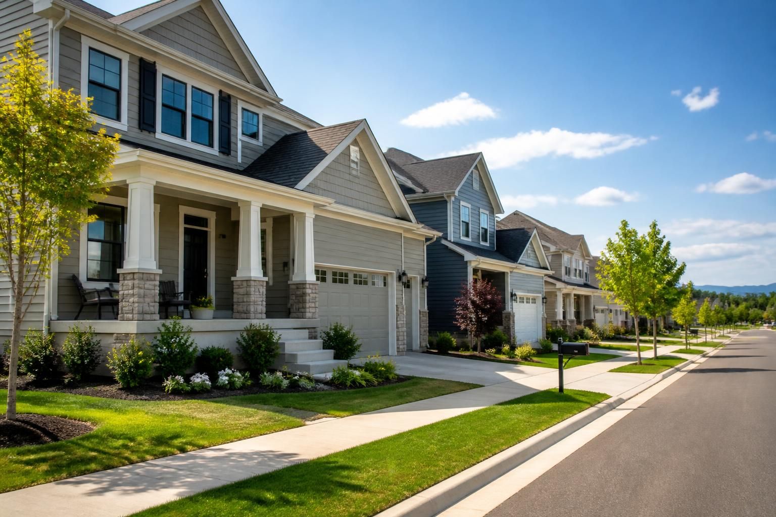 Suburban streetscape with newer homes and tidy front yards.