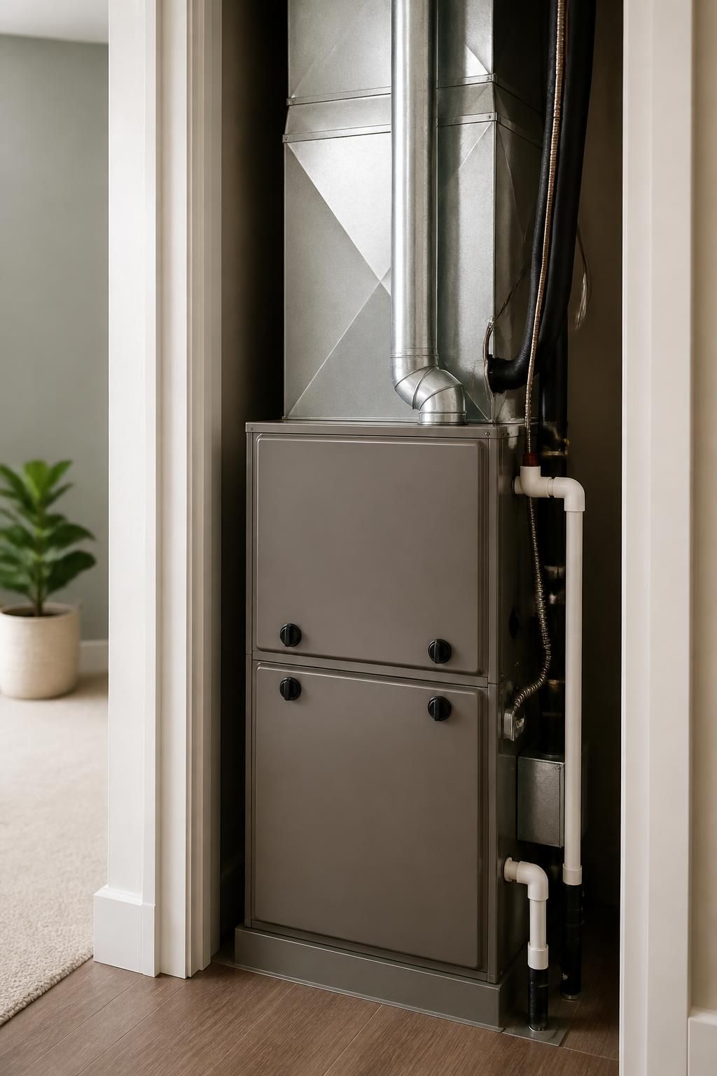 Finished furnace installation in a clean utility area with quality workmanship.