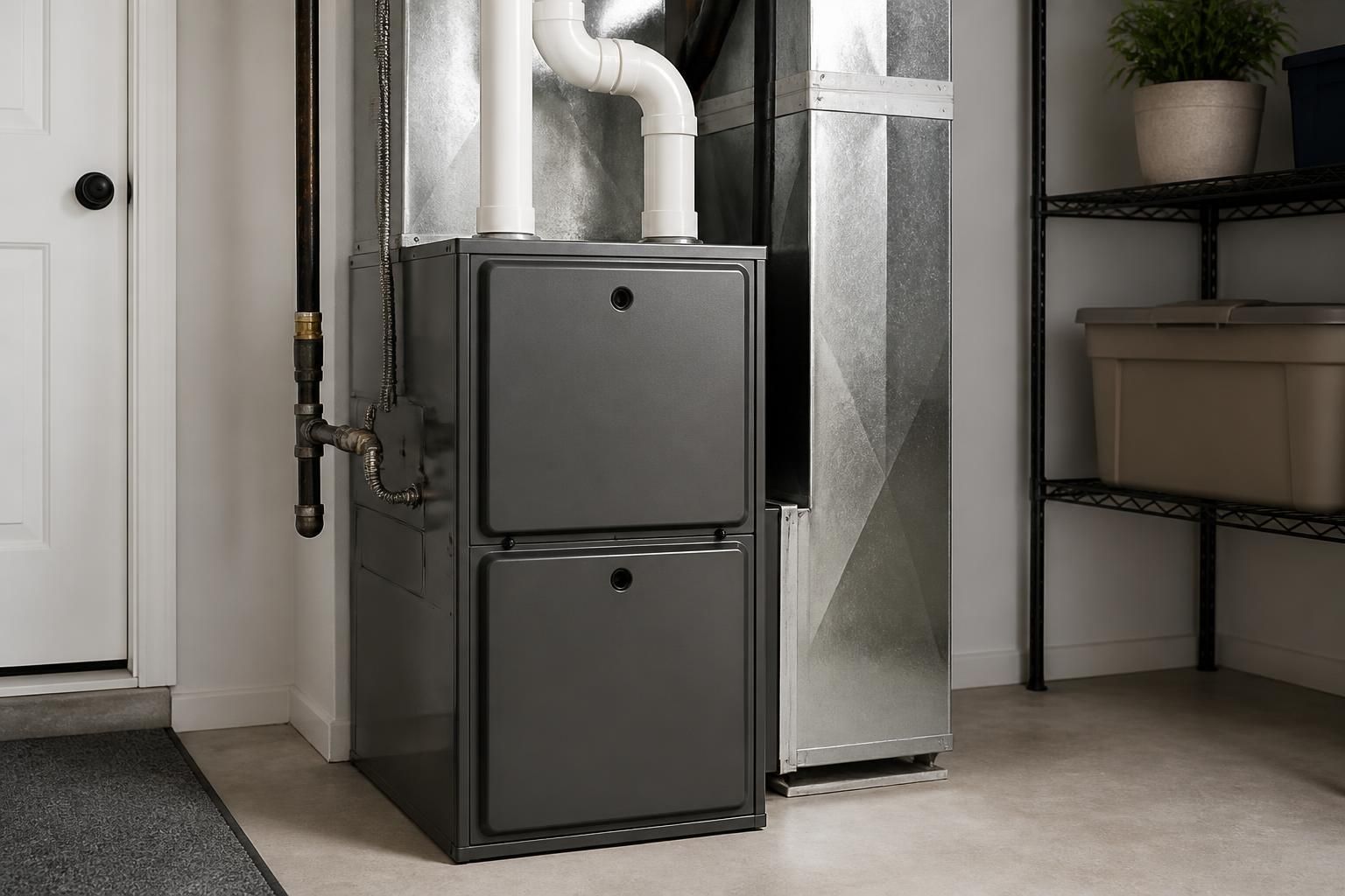 Newly installed furnace in a clean utility room.