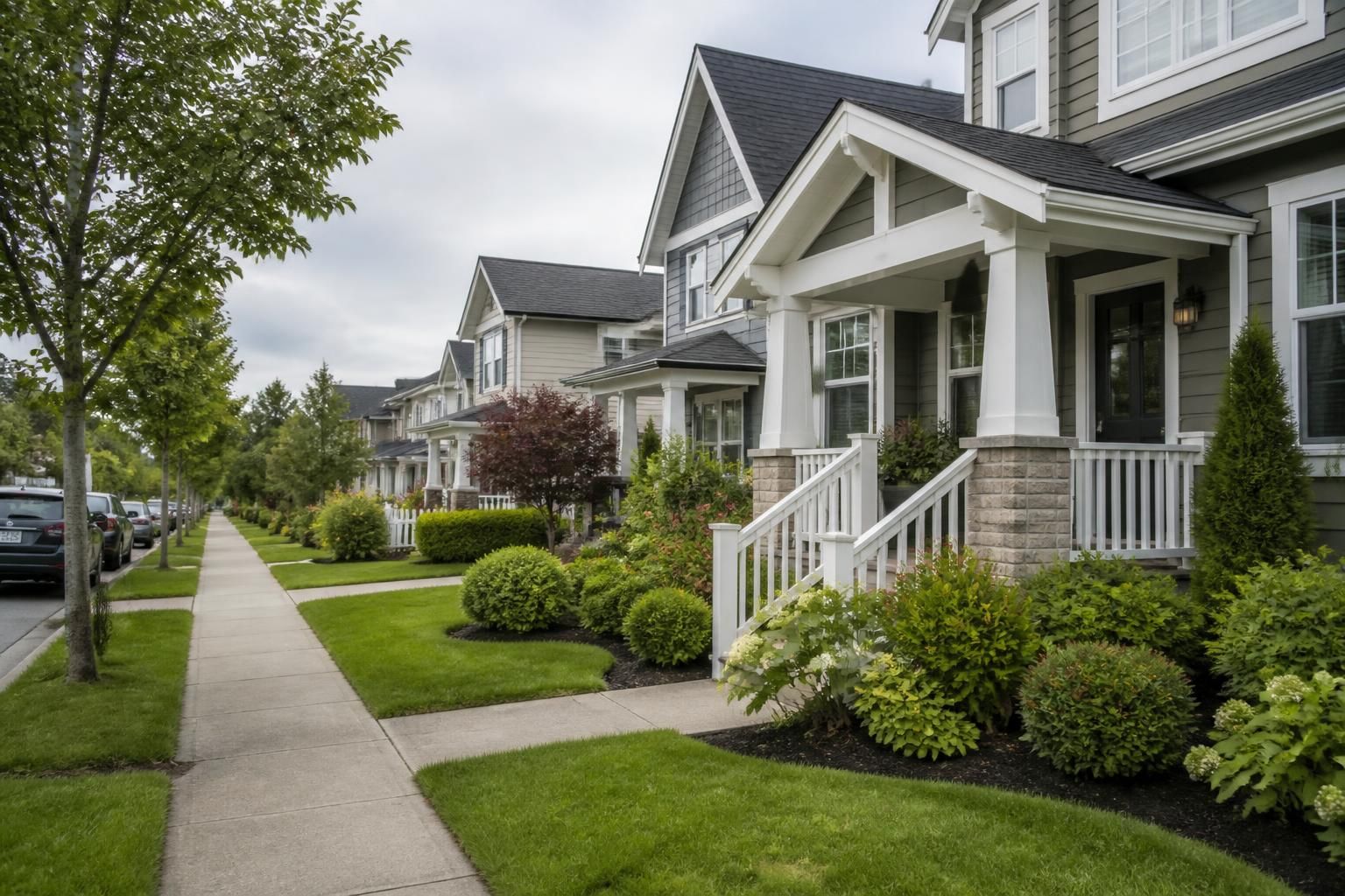 Tidy urban-suburban neighborhood with homes and small yards.