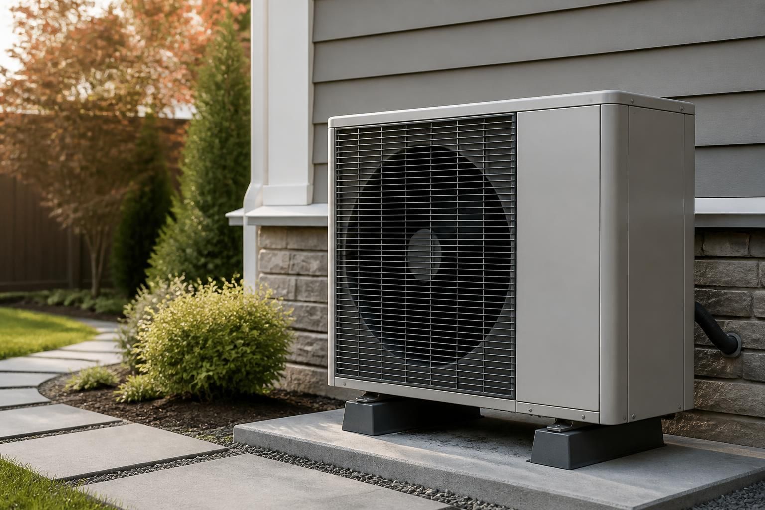 Clean outdoor heat pump unit beside a finished home.
