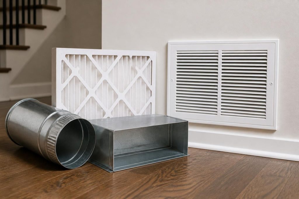 Neatly arranged HVAC filter and clean duct components in a finished space.