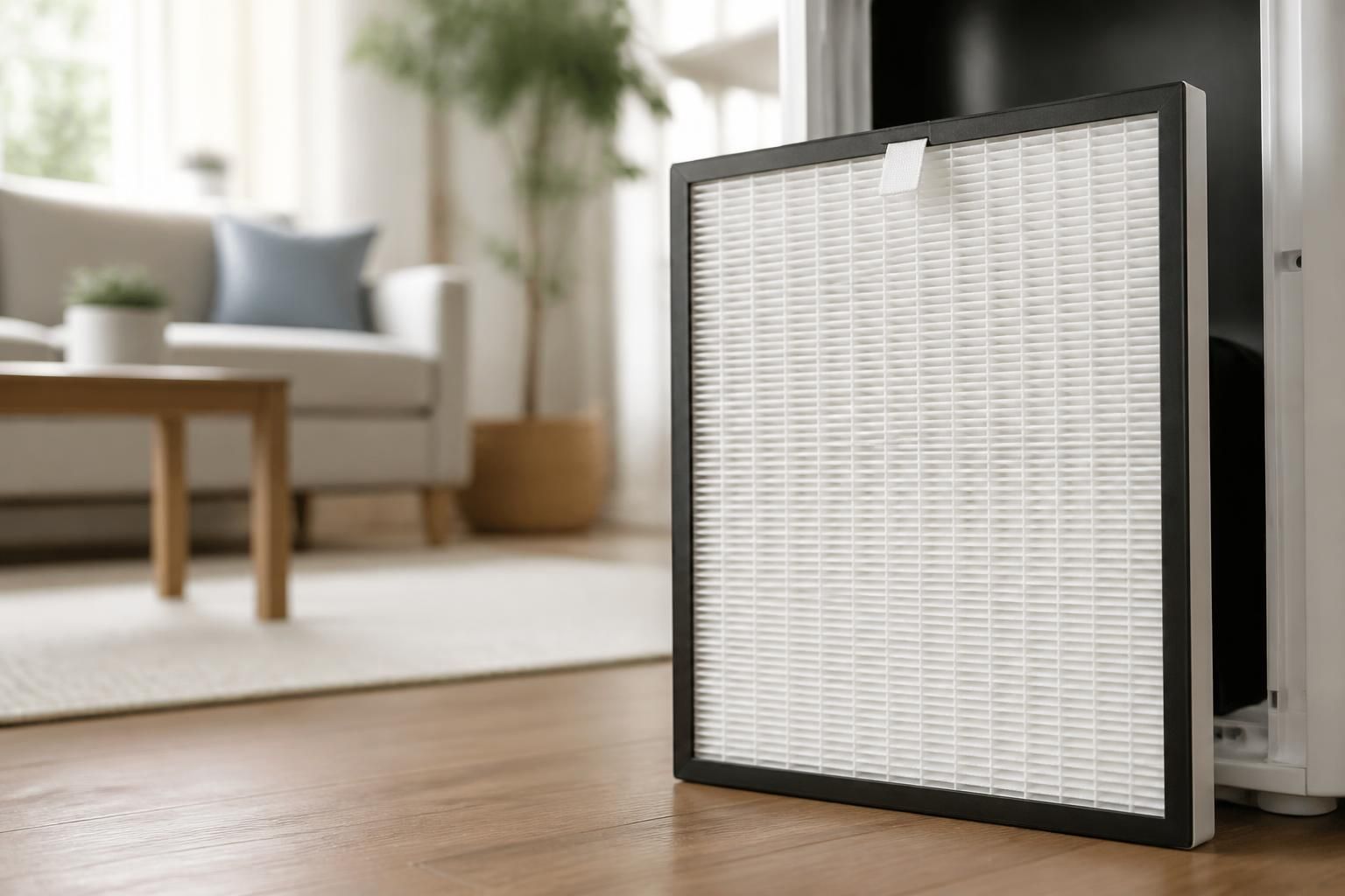 Clean air purifier or HVAC filter in a bright home interior.