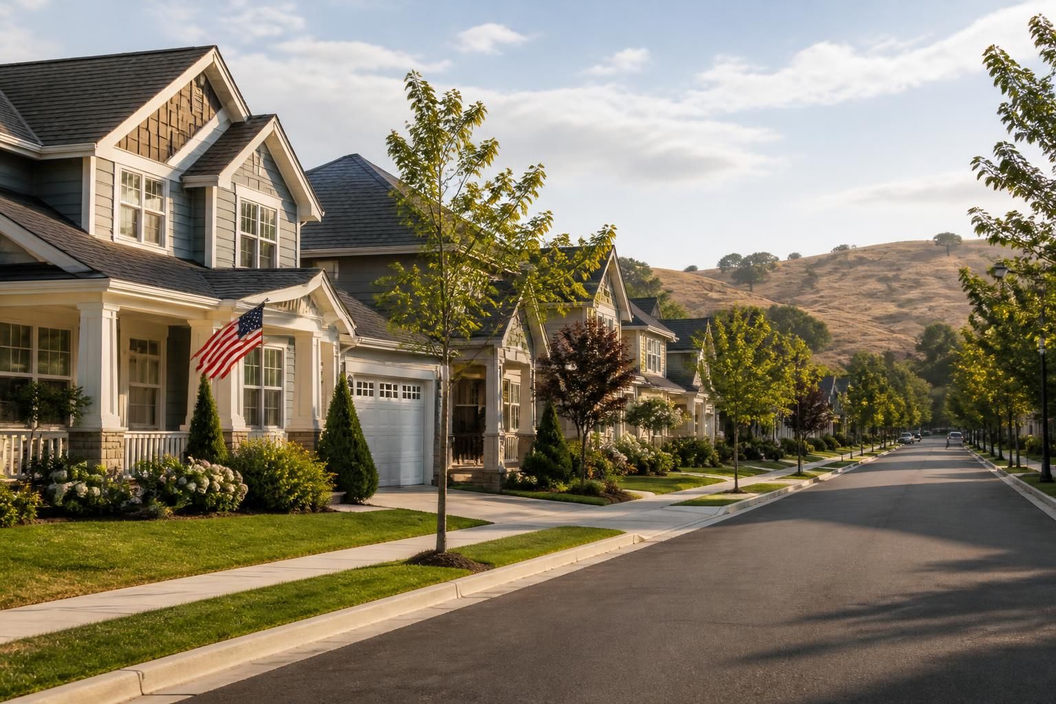 Tidy neighborhood with homes and gentle hills in the distance.