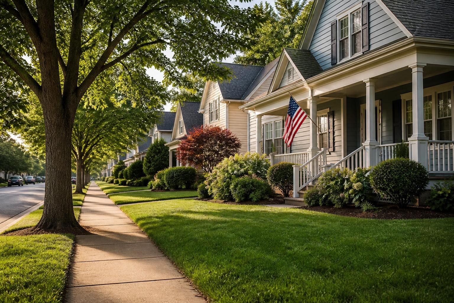 Welcoming suburban neighborhood with mature trees and well-kept homes.