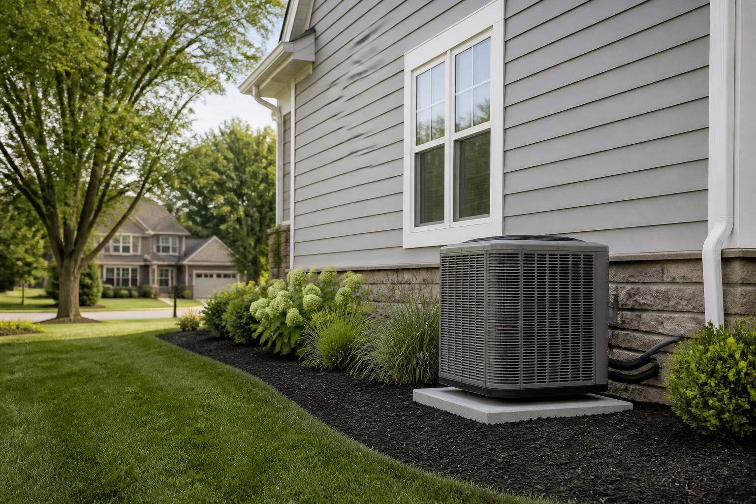 Well-kept home exterior with a modern HVAC unit and tidy landscaping.