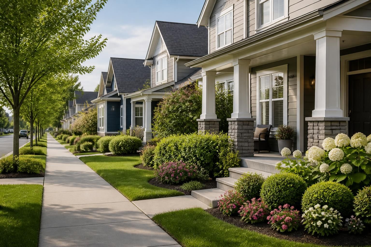 Residential district with manicured landscaping and clean sidewalks.
