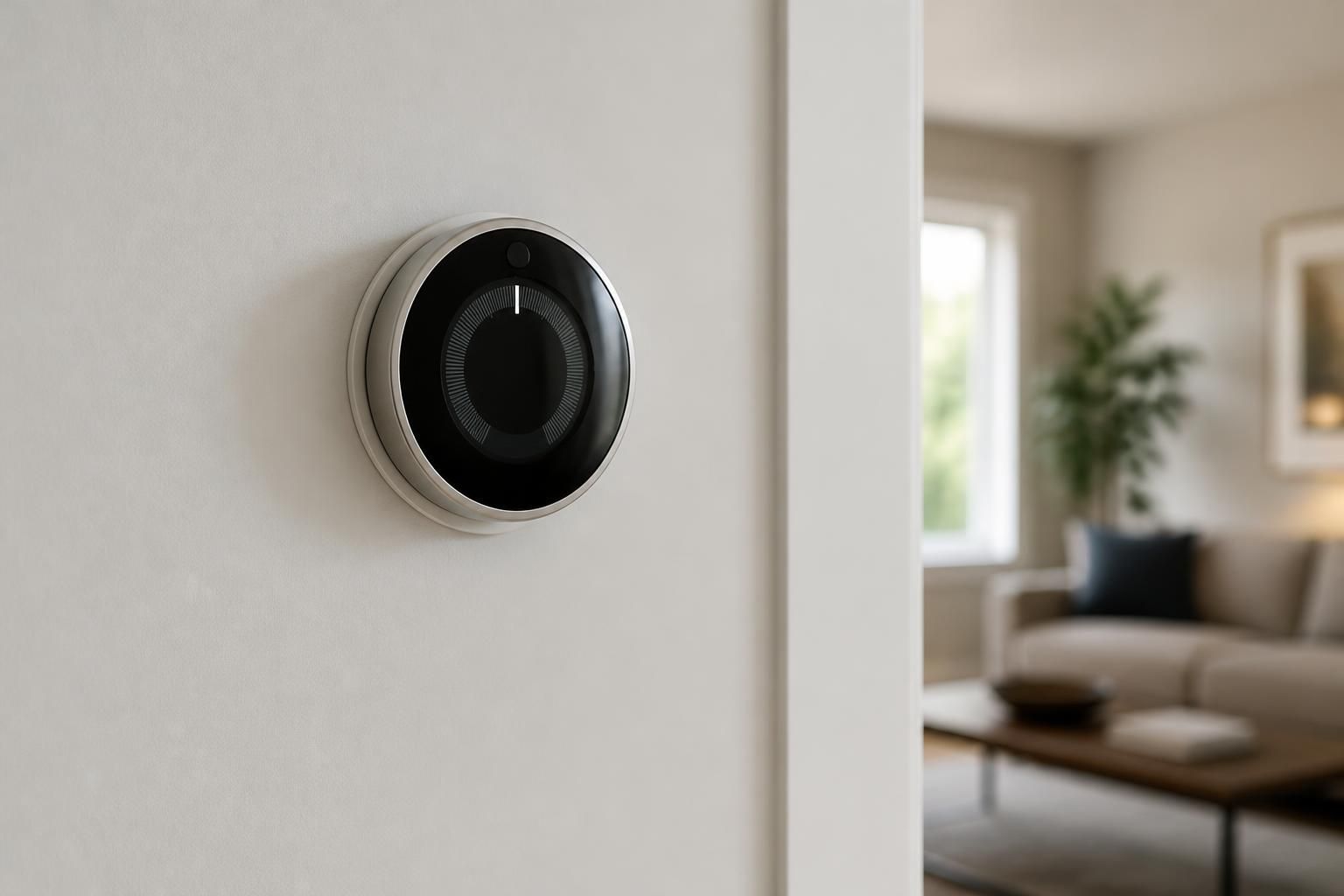 Modern thermostat mounted on a clean wall in a finished home.